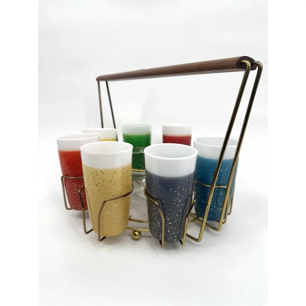 Galamite Glitter Fire King Glass 7 Tumbler Set With Caddy and Ice Bowl